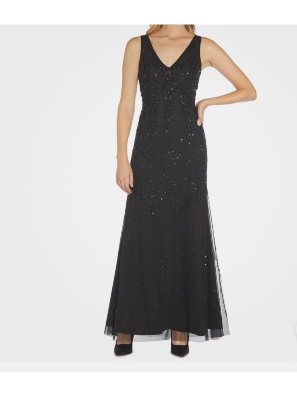 Beaded Mermaid Gown Papell Studio Womens Dress Black Sz 14 V Neck Front&back